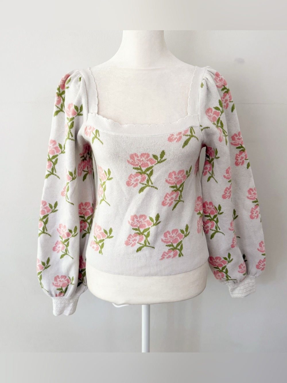 Willow & Wind Women Floral Puff Sleeve Sweater Medium Romantic Coquette Cottage